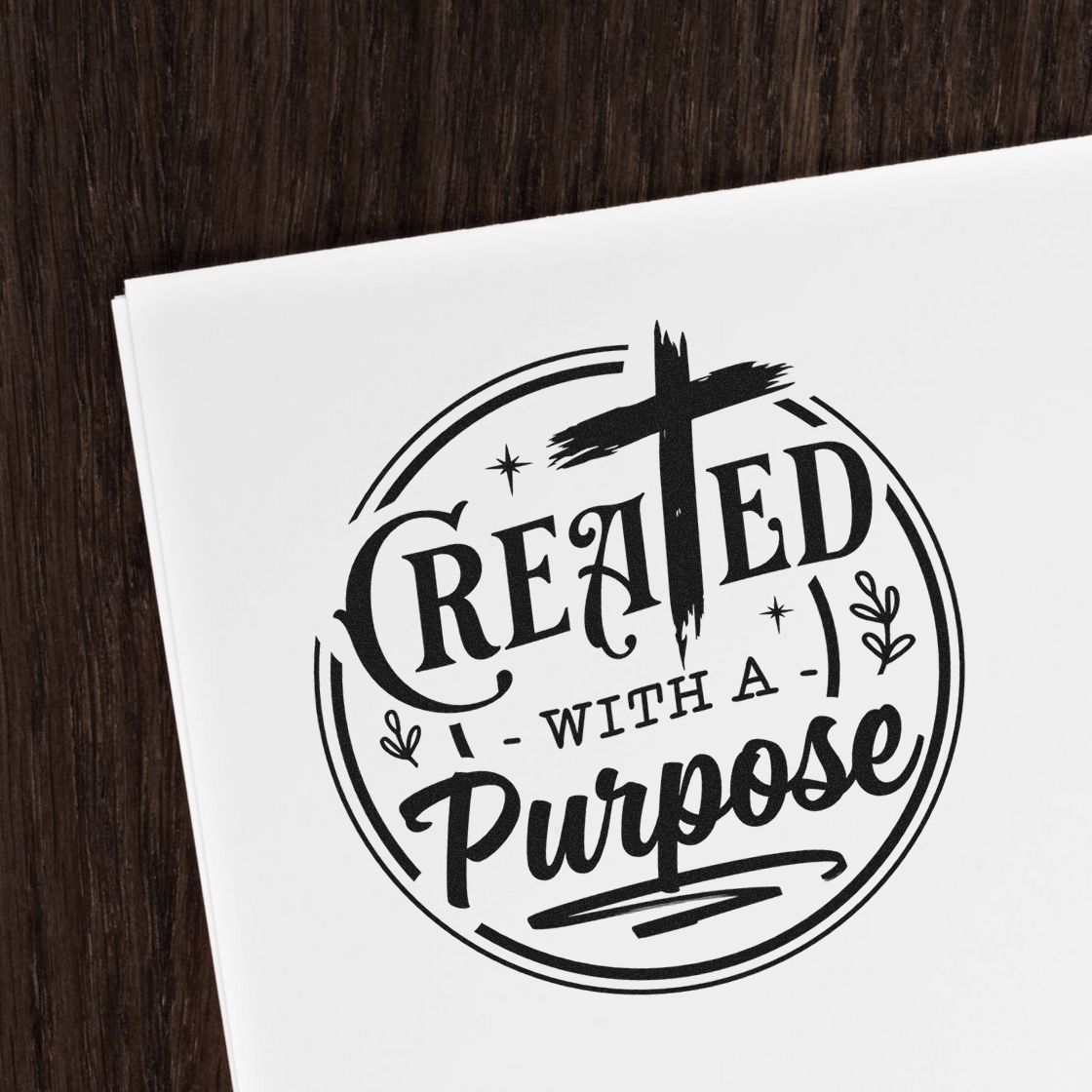 Black circular stamp seal reading Created with a Purpose with a cross, printed in black on white paper.