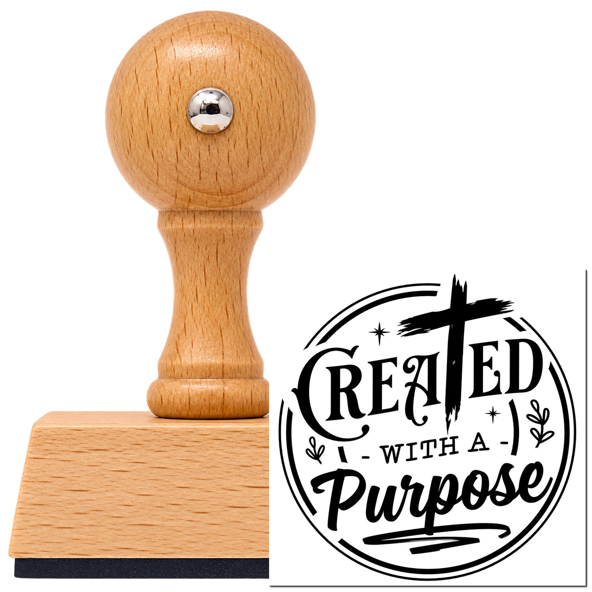 Vintage Pro beech wood stamp with a round knob handle, shown with its black Created With A Purpose Painted-Style Cross imprint on white.