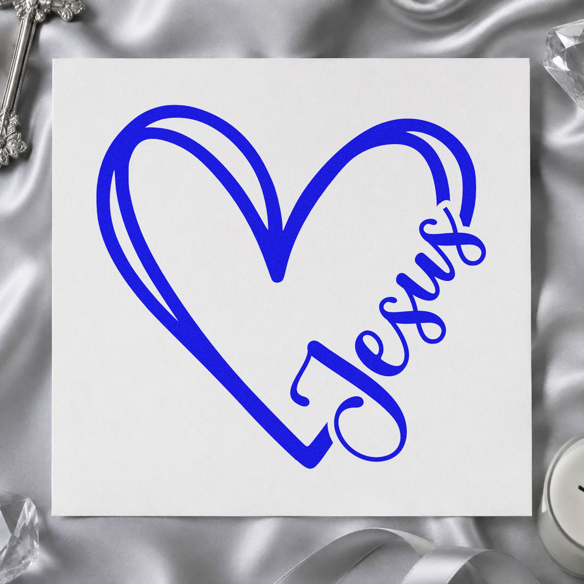 Jesus Heart Outline craft stamp in blue ink on cardstock, an easy option for canvas totes.
