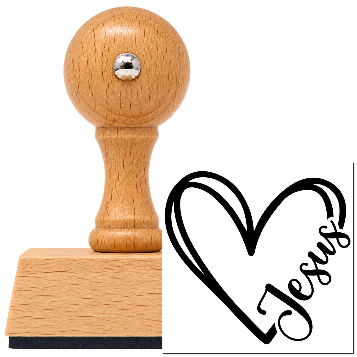 Vintage Pro beech wood stamp with a round knob handle, shown with its black Jesus Heart Outline imprint on white.