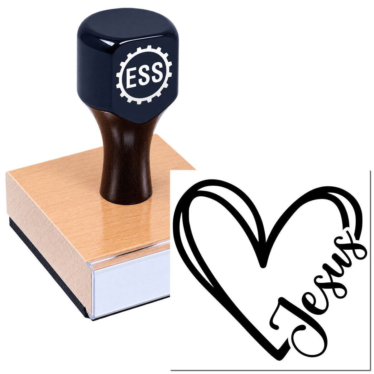 Black ESS stamp on a wooden block beside a black heart-shaped seal design.