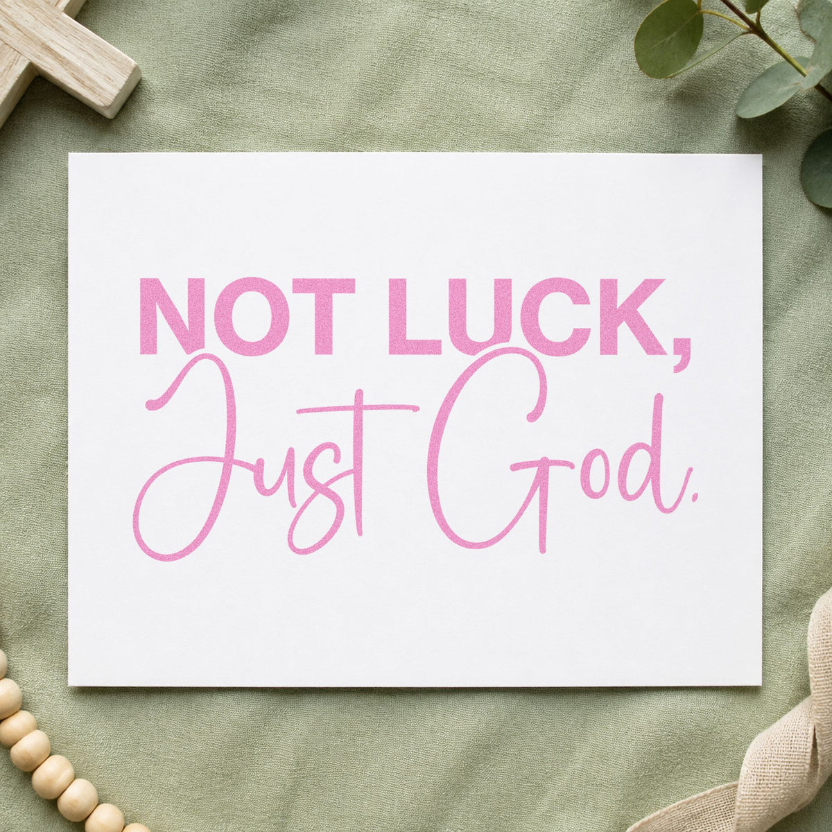Not Luck Just God craft stamp in purple ink on cardstock, an easy option for big news tags.