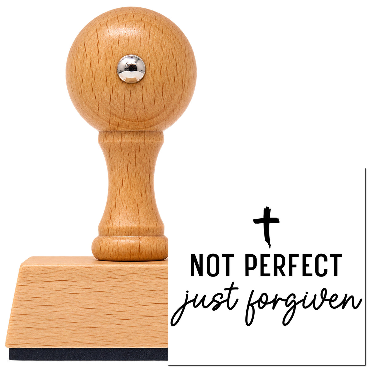 Vintage Pro beech wood stamp with a round knob handle, shown with its black Not Perfect Just Forgiven Cross imprint on white.