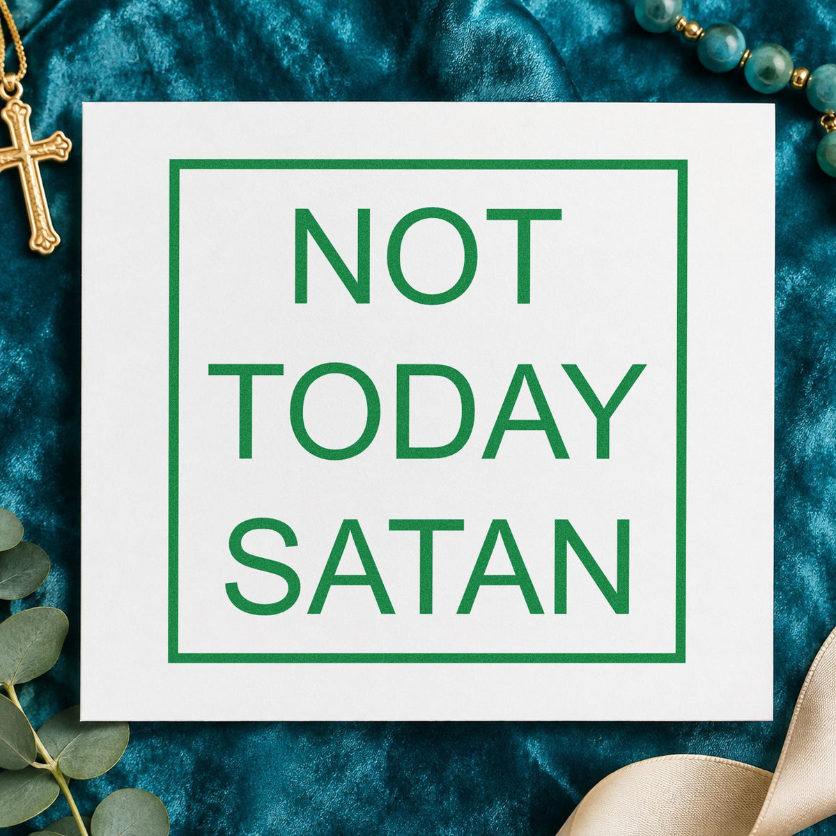 Not Today Satan Frame craft stamp imprint in green ink on a handmade project, one idea being gym bag tags.