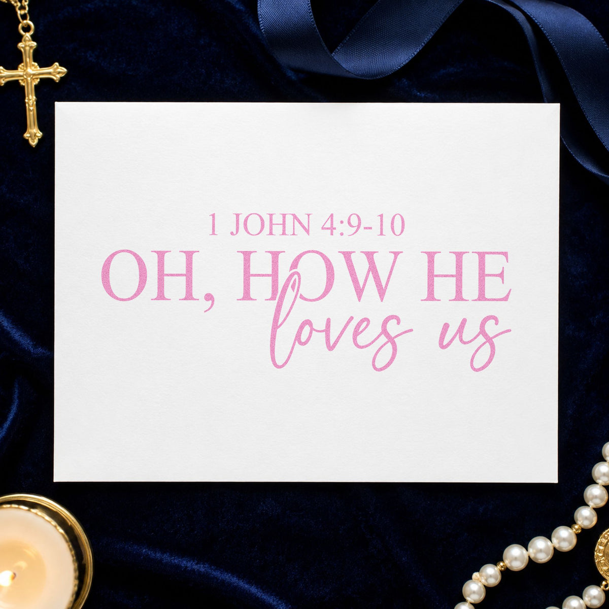 Oh How He Loves Us craft stamp in purple ink on cardstock, an easy option for worship night flyers.