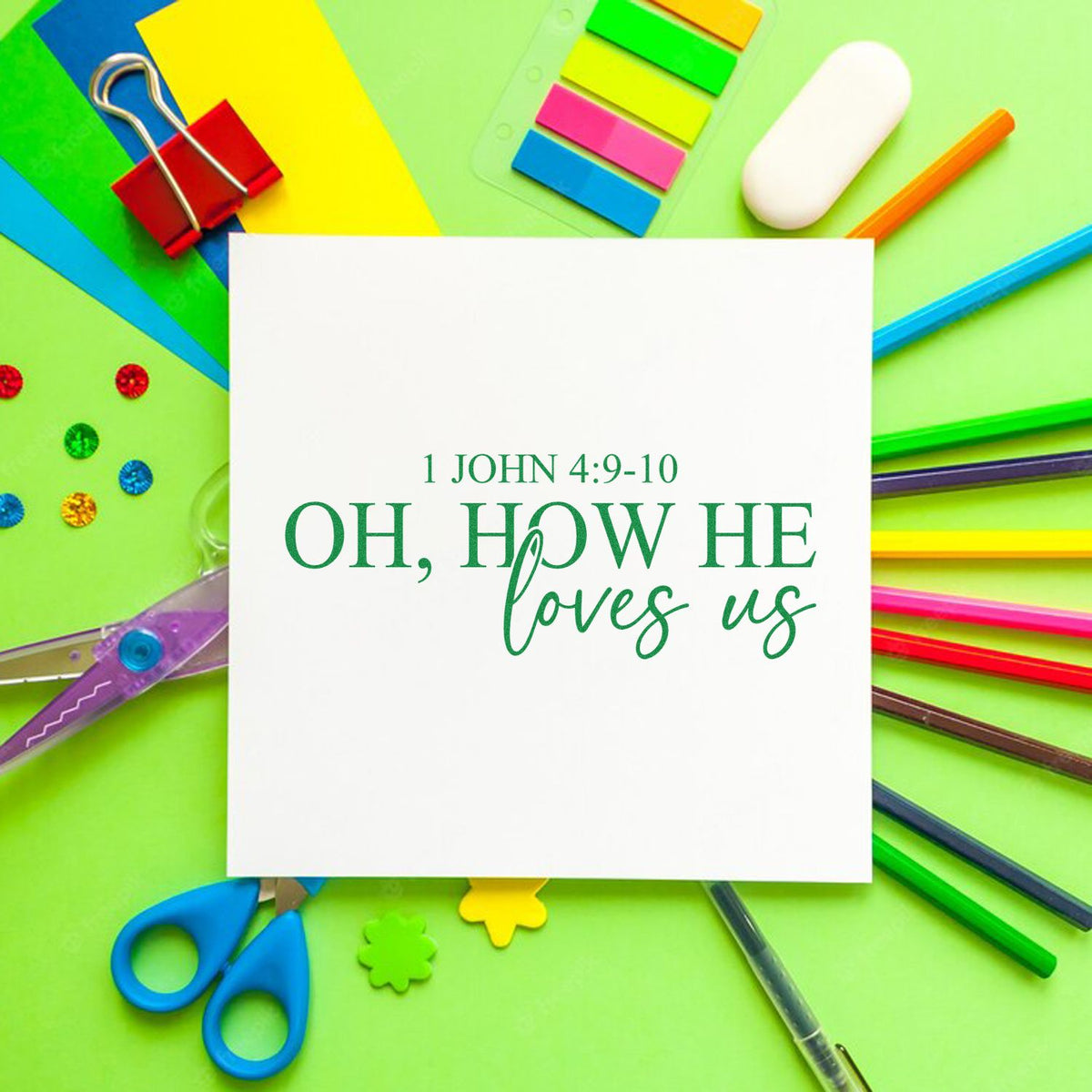 Oh How He Loves Us rubber stamp shown in green ink, stamped for projects such as worship night flyers.