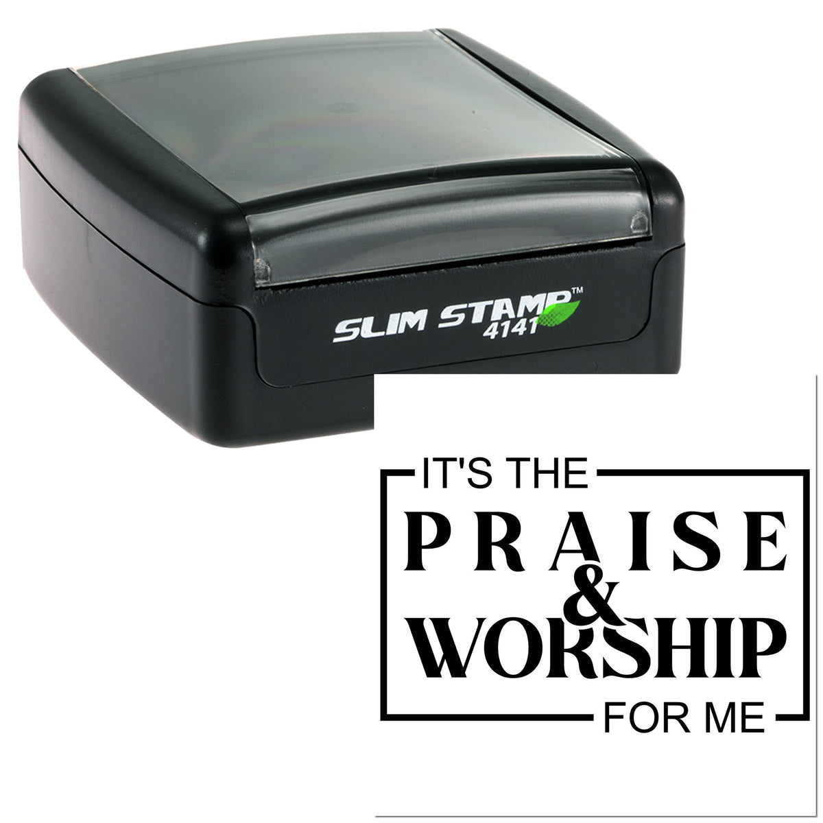 Black Slim Stamp 4141 self-inking stamp with custom praise and worship seal on a white background.