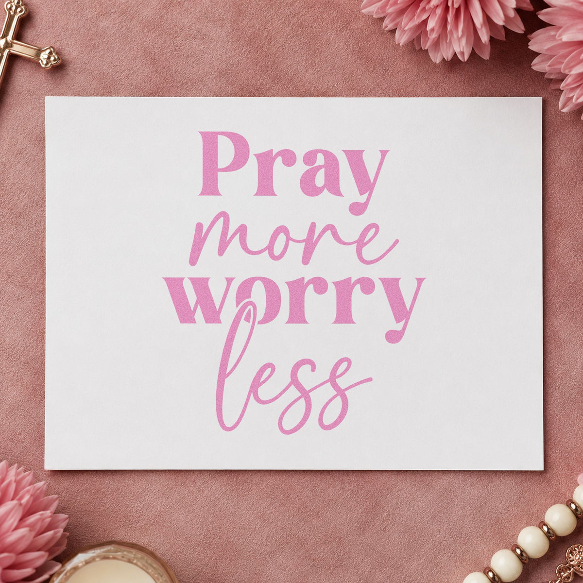 Pray More Worry Less Script craft stamp in purple ink on cardstock, an easy option for kitchen wall art.