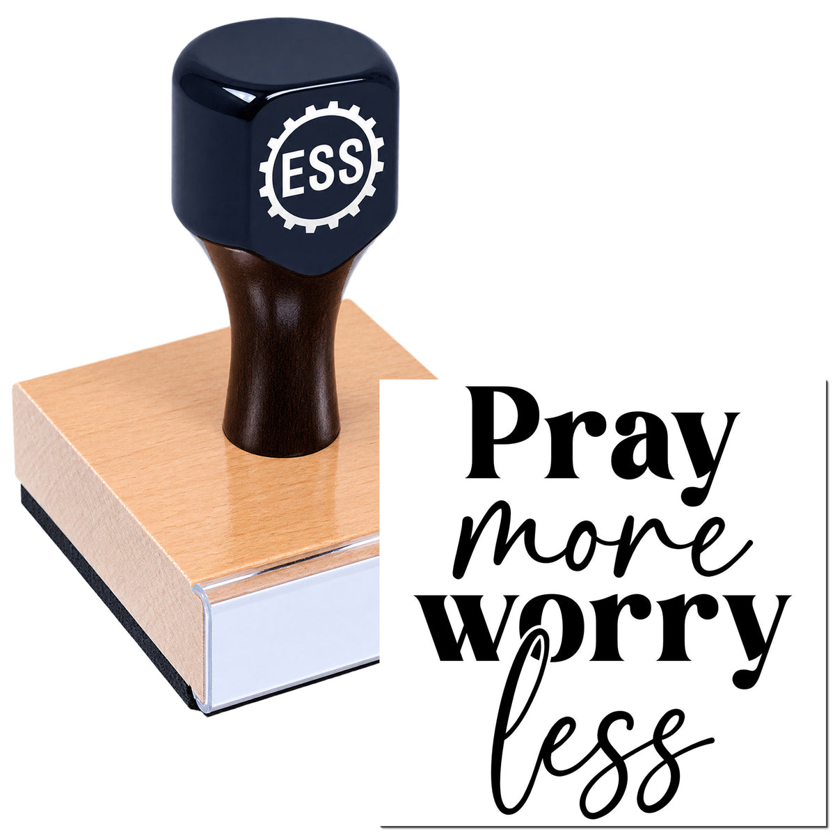 Custom ESS stamp and seal with dark blue handle on wooden block, featuring "Pray more worry less" design.