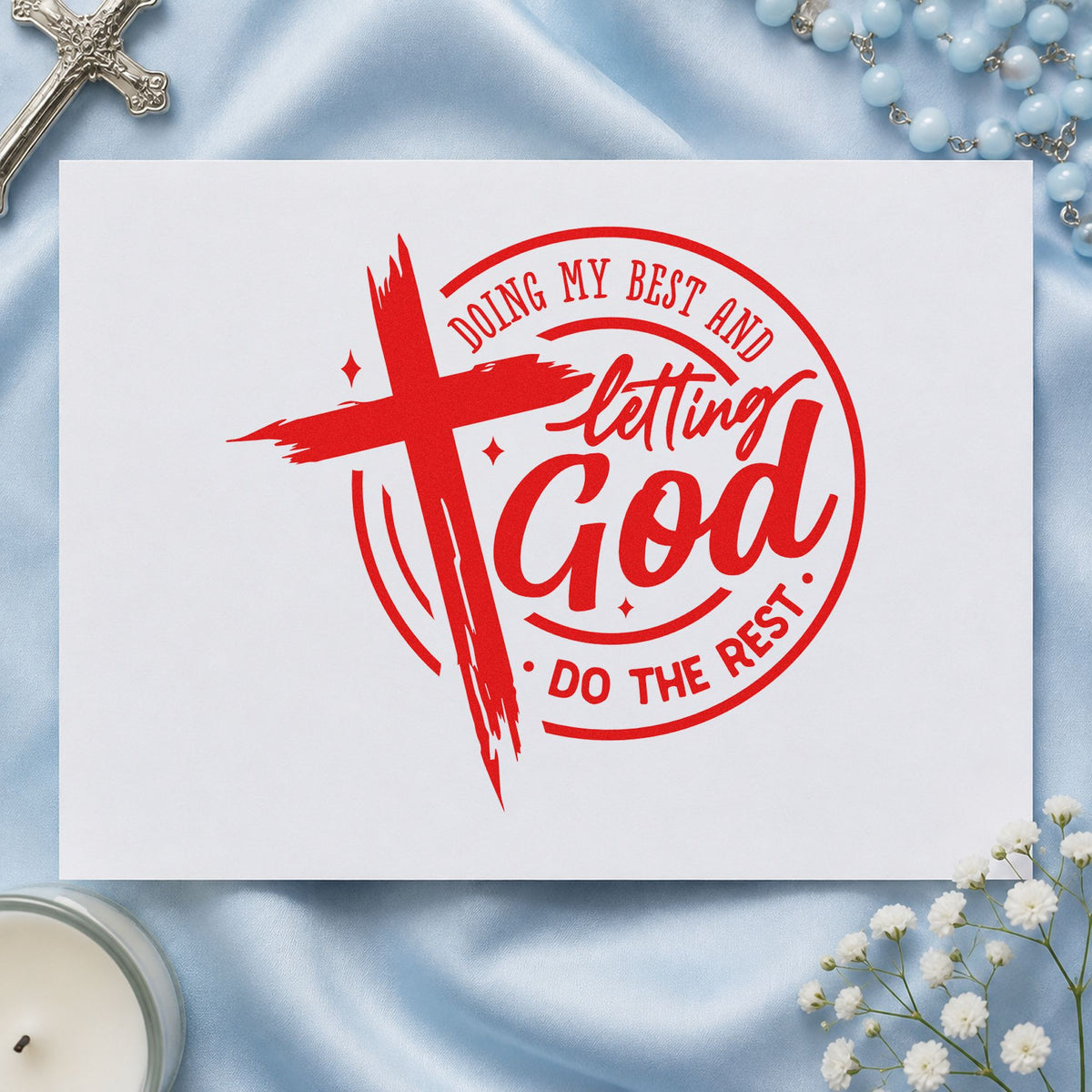 Doing My Best Letting God rubber stamp shown in red ink, stamped for projects such as nursing student notes.