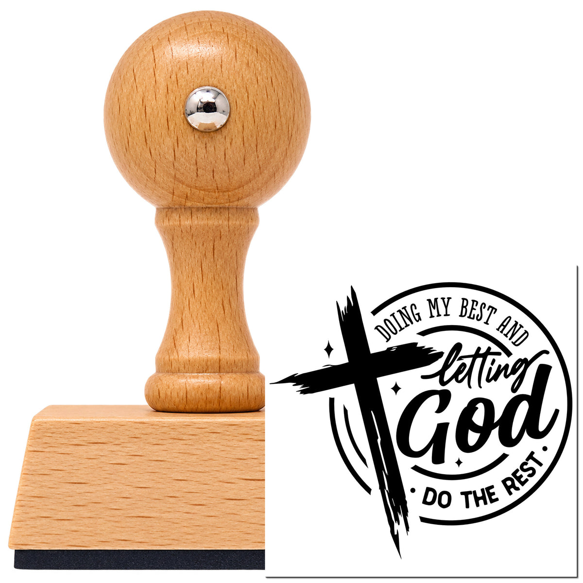 Vintage Pro beech wood stamp with a round knob handle, shown with its black Doing My Best Letting God imprint on white.