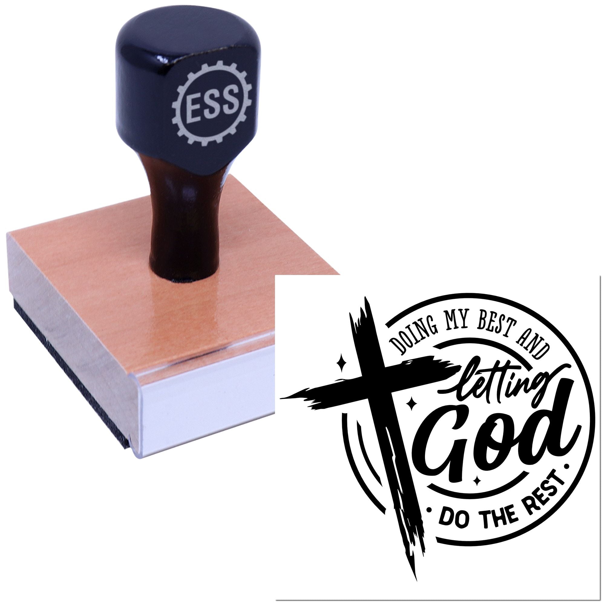 Navy custom stamp on a wood block, beside a black circular seal reading Doing my best and letting God do the rest.