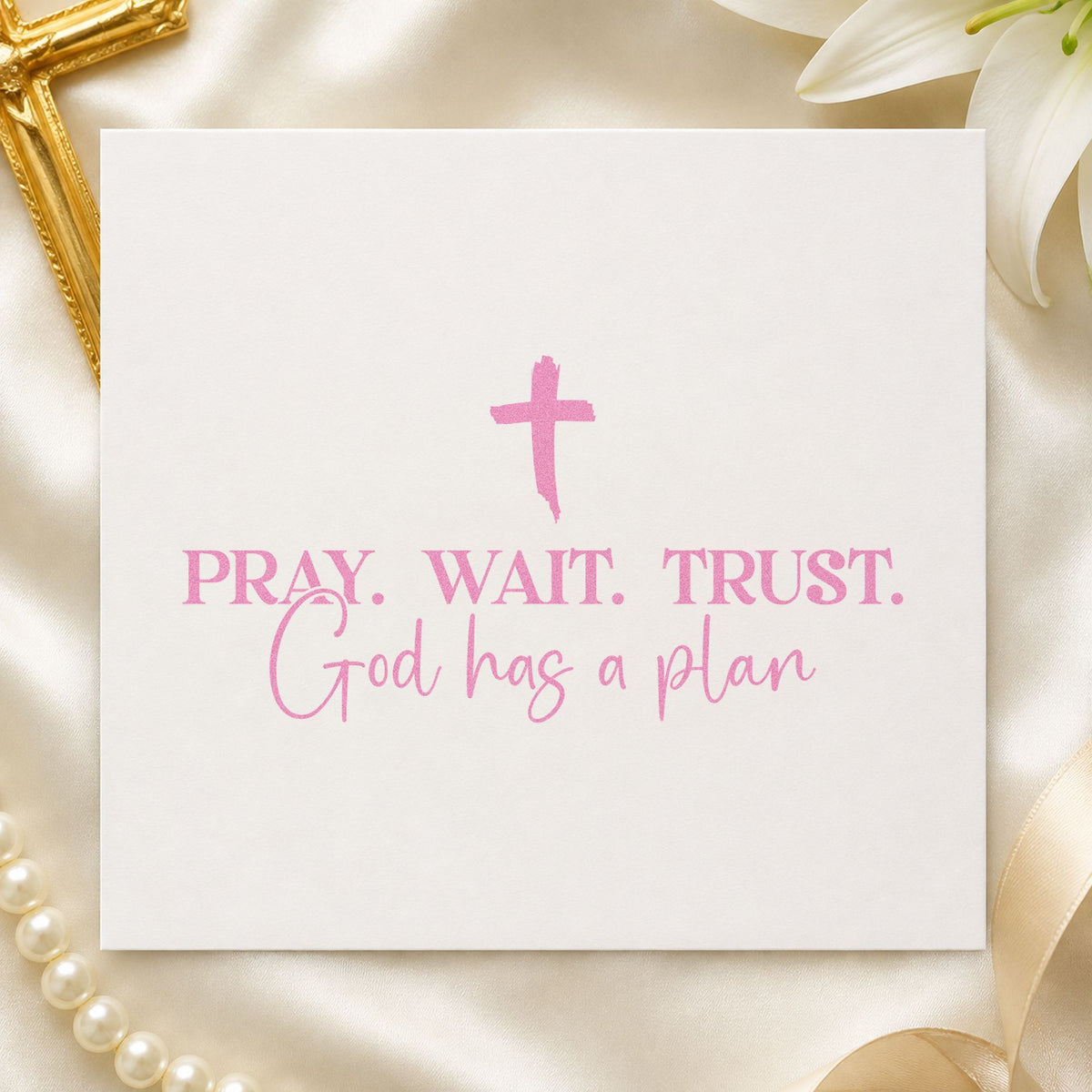 Pray Wait Trust God's Plan craft stamp in purple ink on cardstock, an easy option for job search notes.