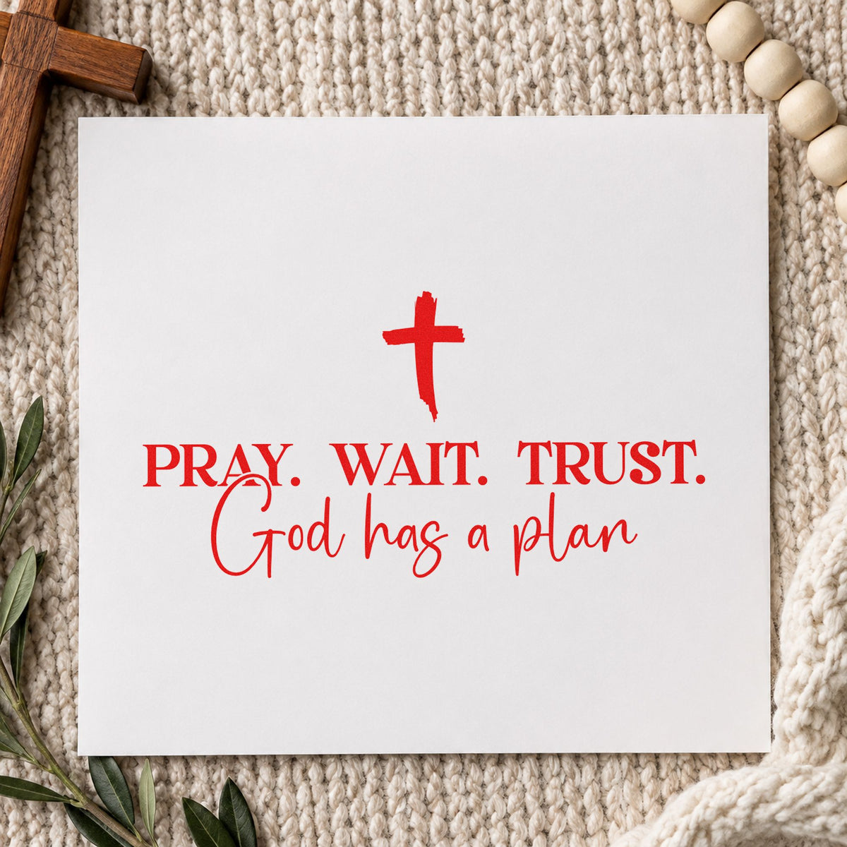 Pray Wait Trust God's Plan rubber stamp shown in red ink, stamped for projects such as adoption journey tags.