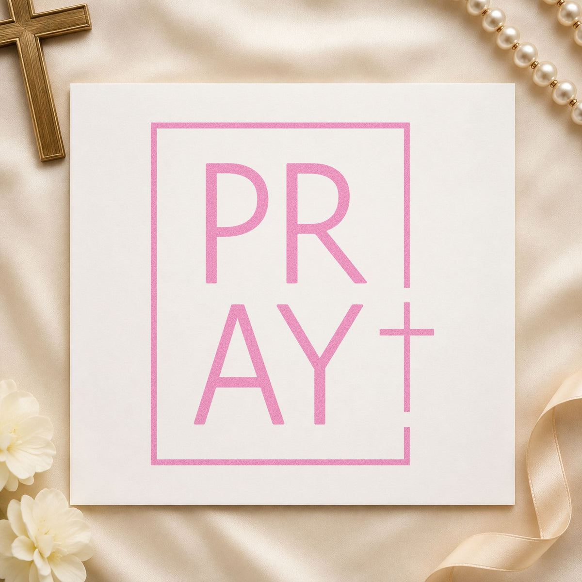 Pray Minimal Cross craft stamp in purple ink on cardstock, an easy option for bookmark crafts.