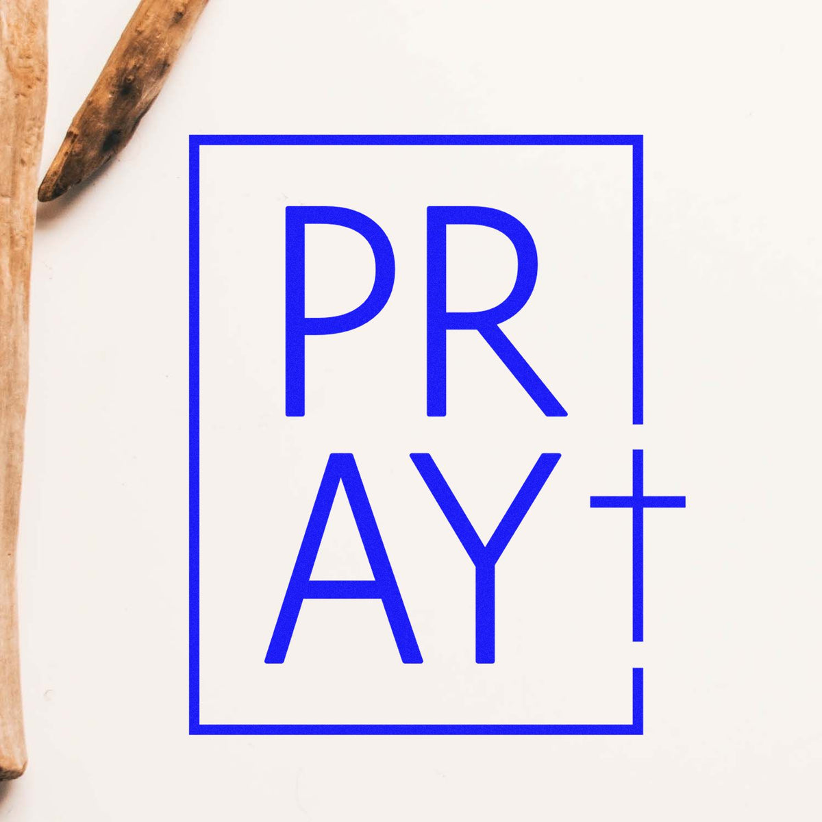 Blue PRAY+ stamp seal in a rectangular border on white background, with wooden stamp handles at left.