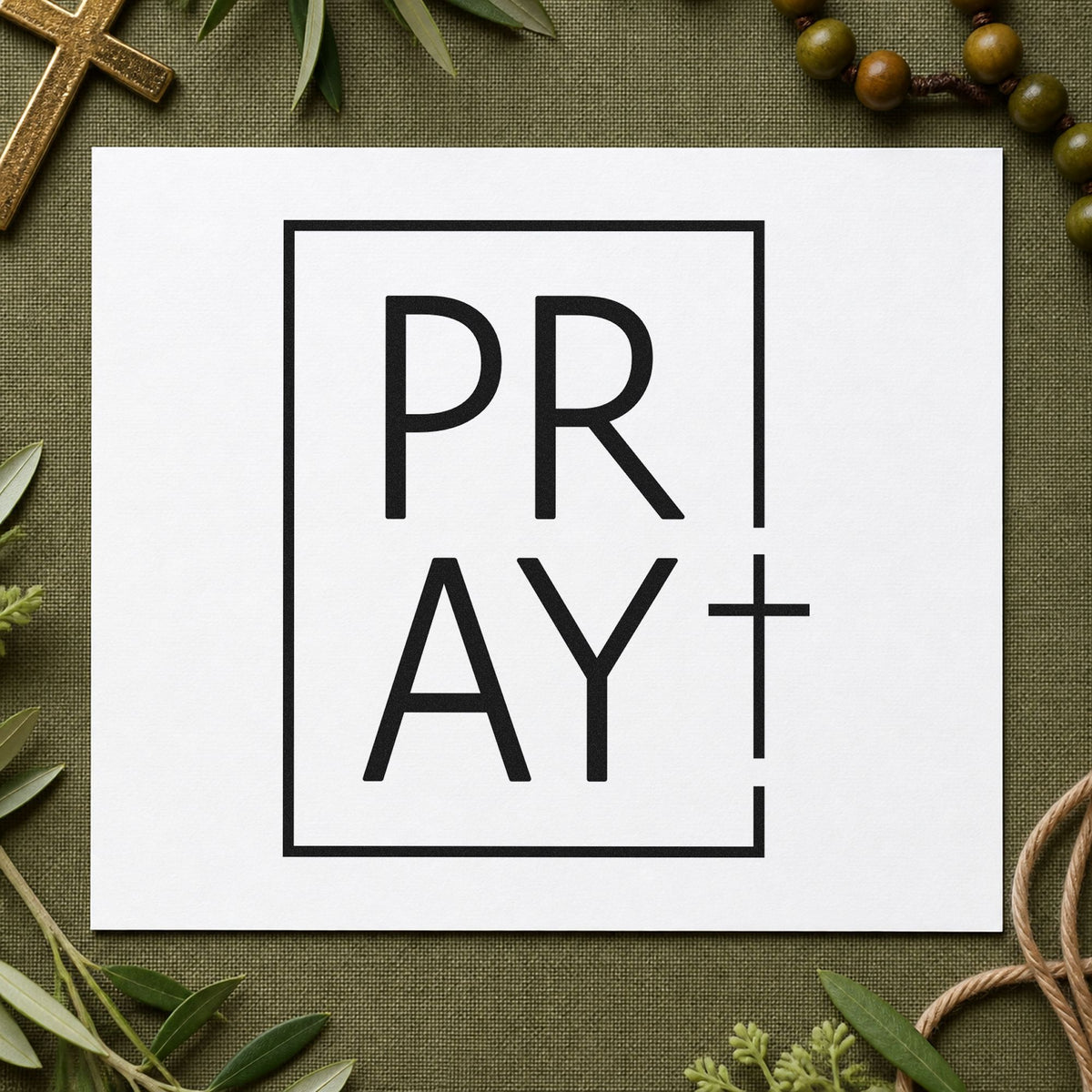 Pray Minimal Cross rubber stamp printed in black ink, ready for stacked pray cards and similar paper crafts.
