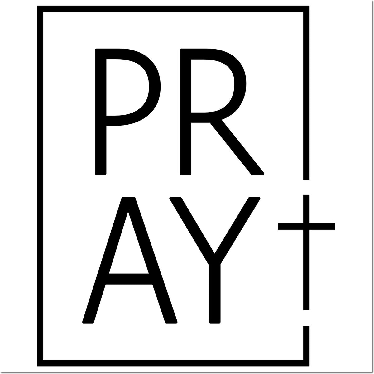 Black PRAY+ stamp and seal logo inside a rectangular border on a white background.