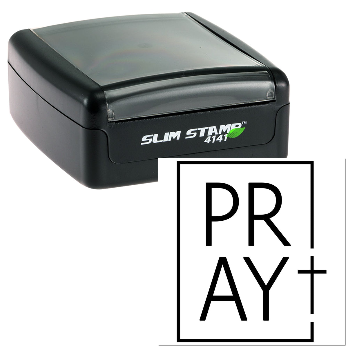 Black self-inking stamp and seal in black with translucent gray top, labeled Slim Stamp 4141 and PRAY+ logo.