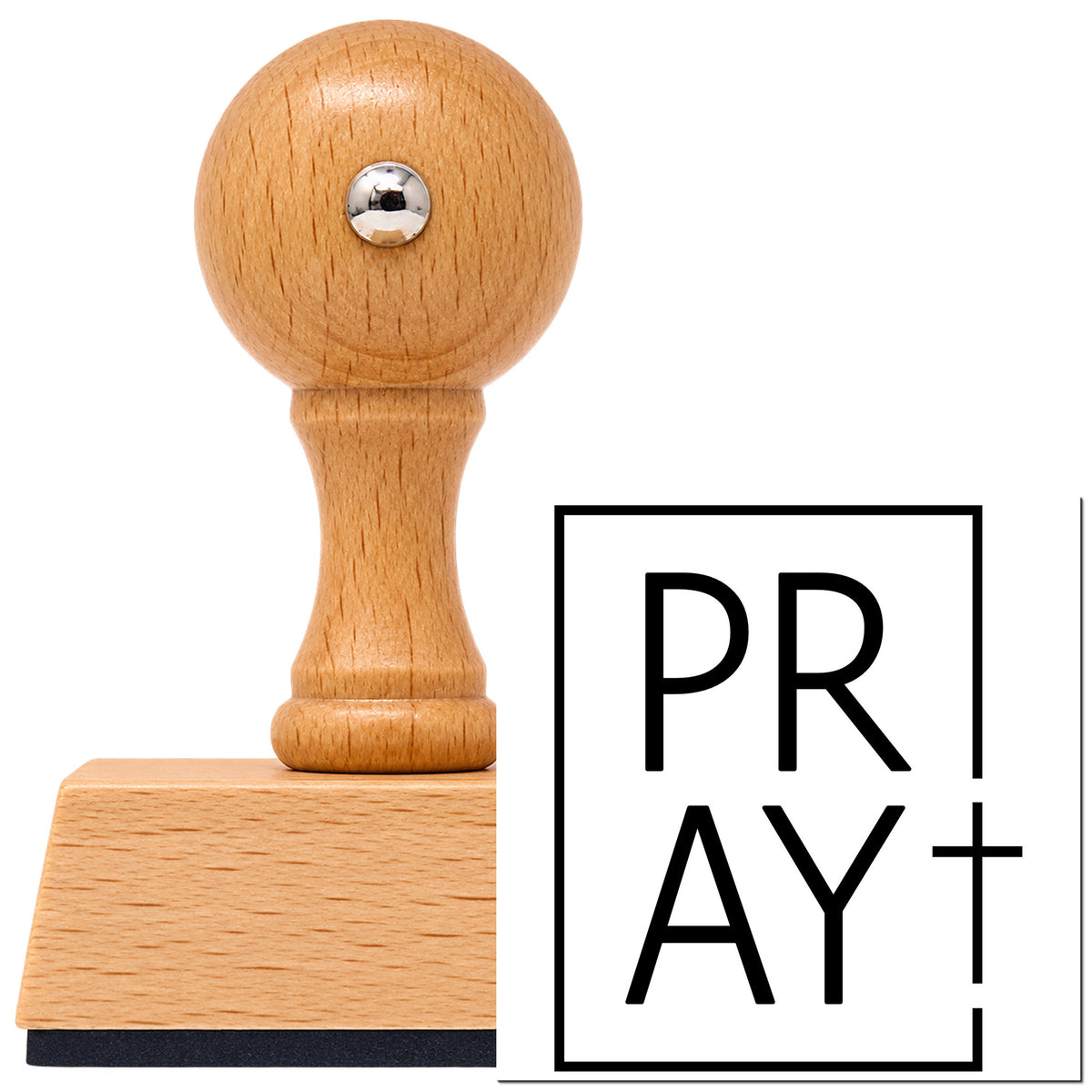 Vintage Pro beech wood stamp with a round knob handle, shown with its black Pray Minimal Cross imprint on white.