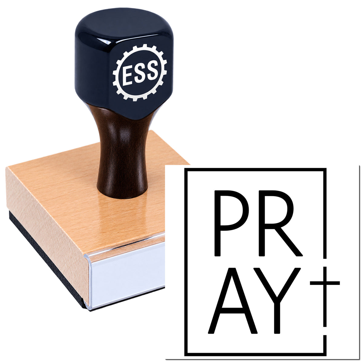 Dark navy ESS stamp and seal with copper-toned base and black handle, beside PRAYAY logo.