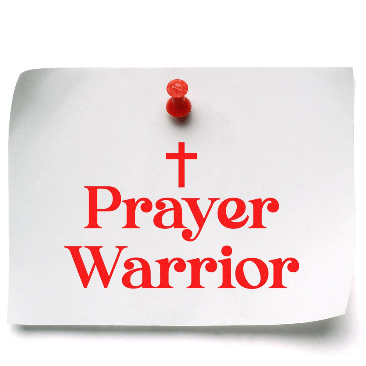 Red Prayer Warrior stamp and seal design on white paper, with red cross and pushpin.