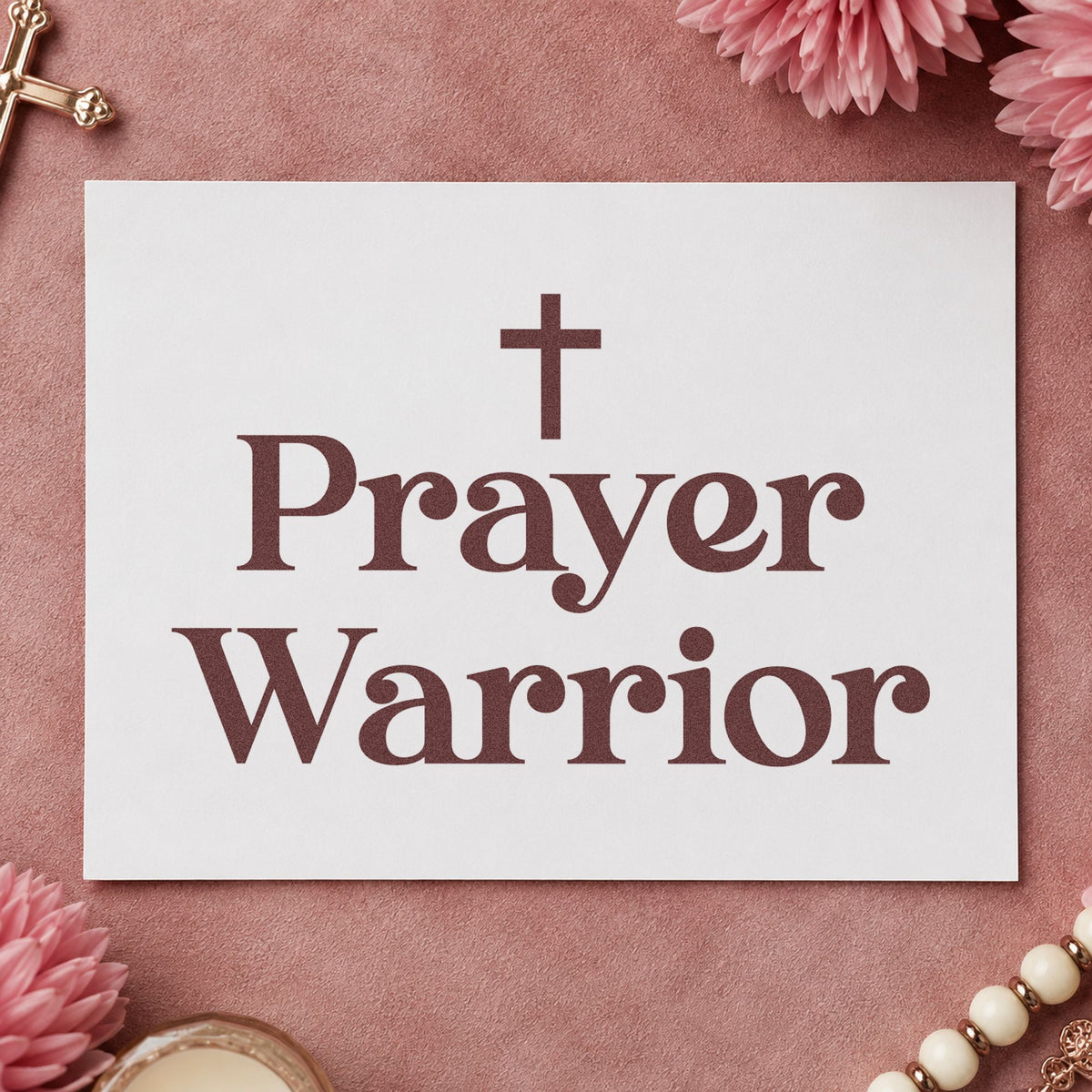 Prayer Warrior Serif rubber stamp printed in brown ink, ready for legacy scrapbooks and similar paper crafts.