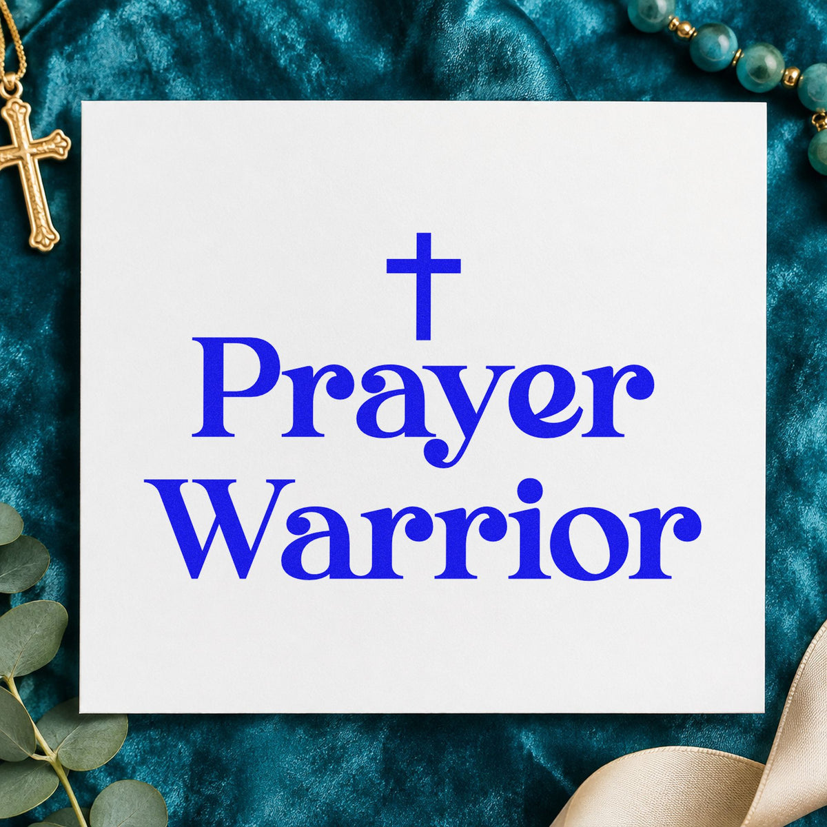 Prayer Warrior Serif craft stamp imprinted in blue ink on paper, a design suited to intercessor thank-yous.