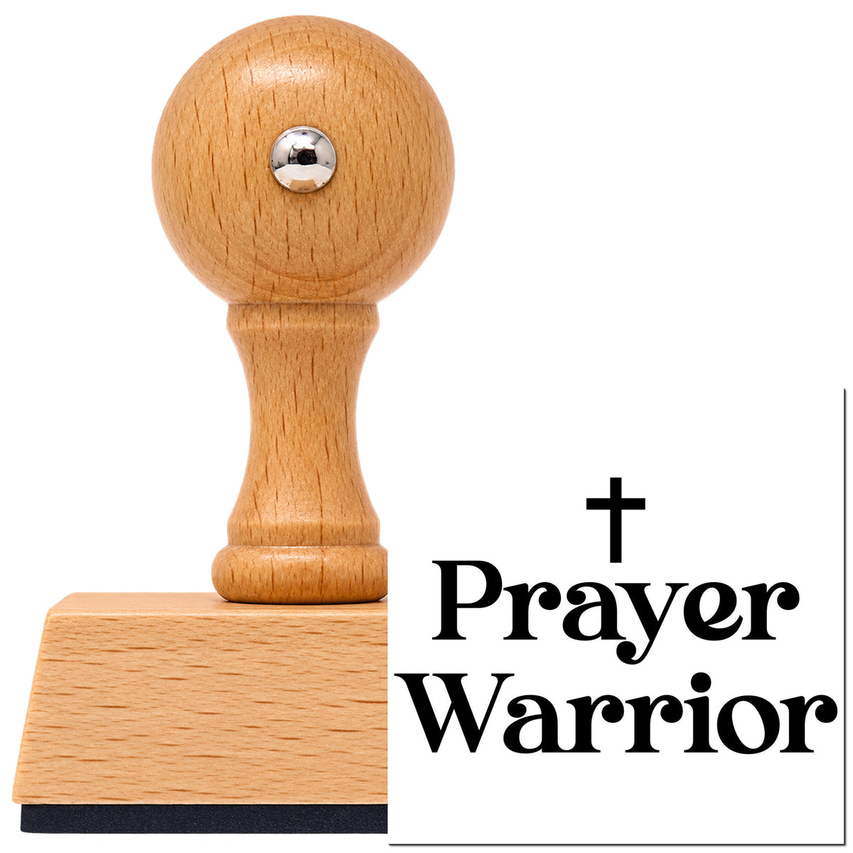 Vintage Pro beech wood stamp with a round knob handle, shown with its black Prayer Warrior Serif imprint on white.