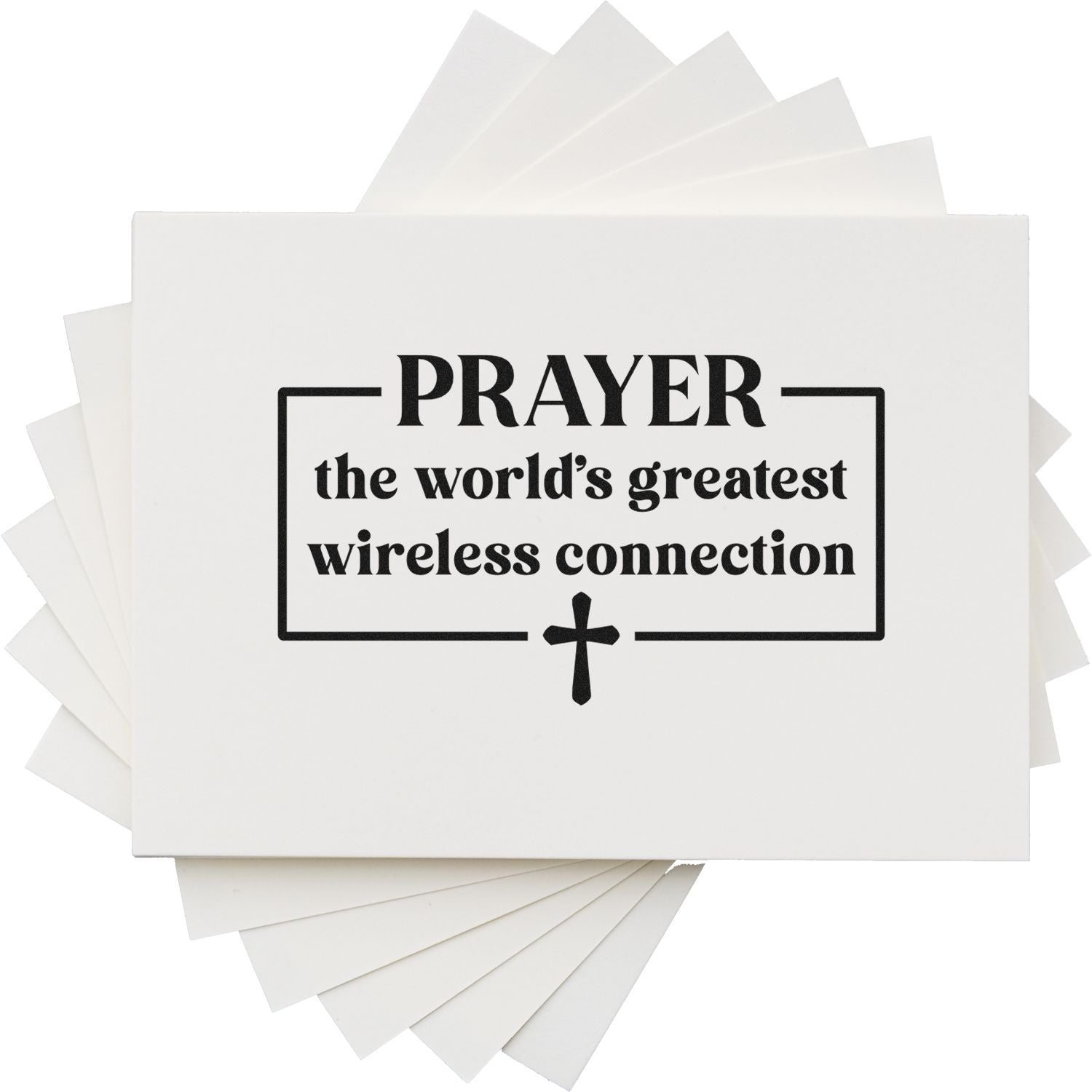 White stamp and seal product with black Prayer the worlds greatest wireless connection text and cross emblem.