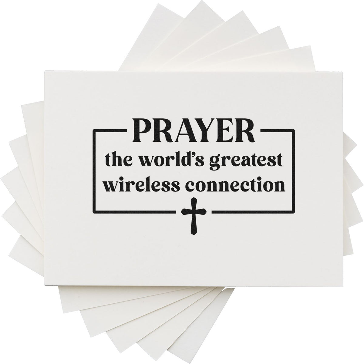White stamp and seal product with black Prayer the worlds greatest wireless connection text and cross icon.