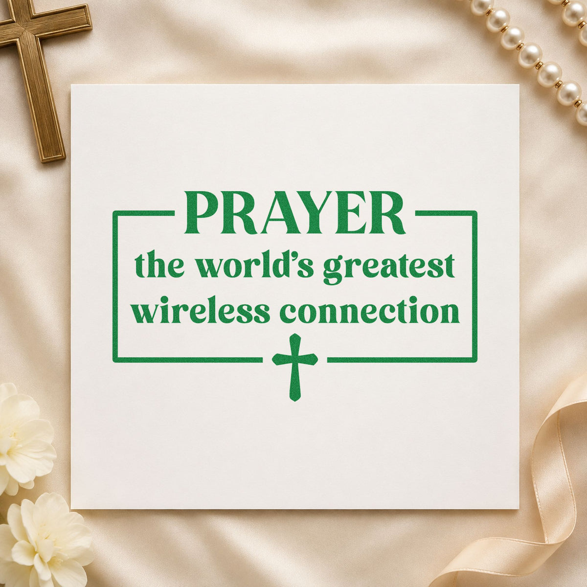 Prayer Wireless Connection craft stamp imprint in green ink on a handmade project, one idea being youth group handouts.