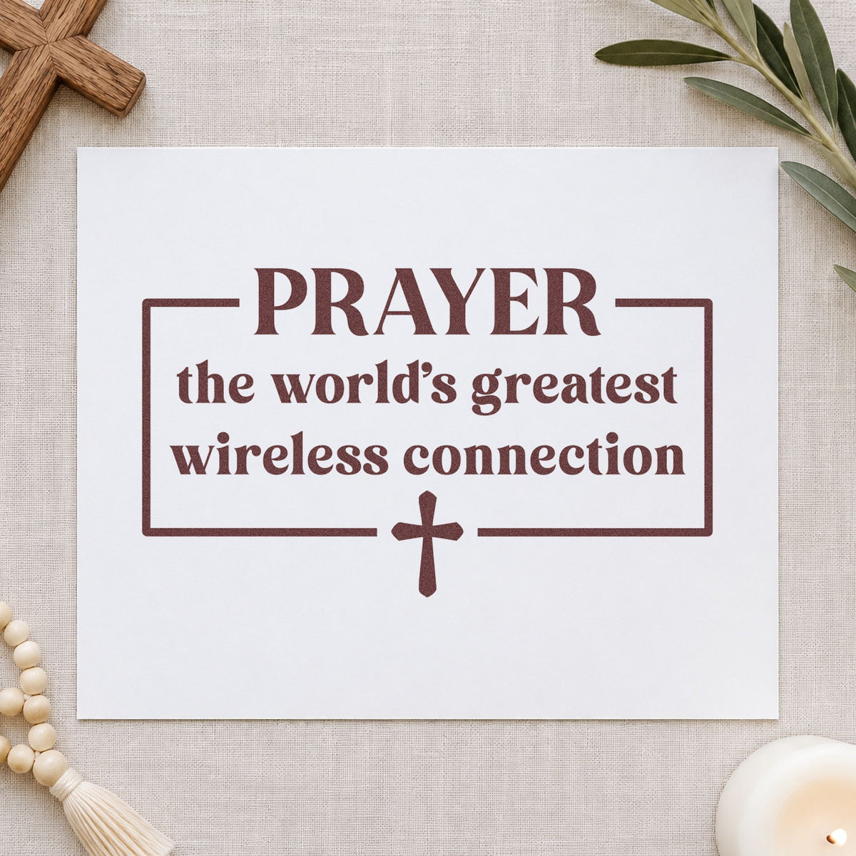 Prayer Wireless Connection rubber stamp printed in brown ink, ready for phone-free scrapbooks and similar paper crafts.
