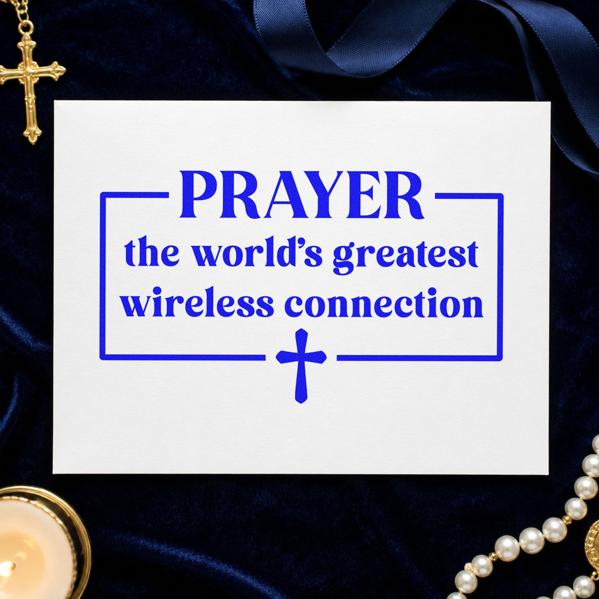 Prayer Wireless Connection craft stamp in blue ink on cardstock, an easy option for tee transfers.