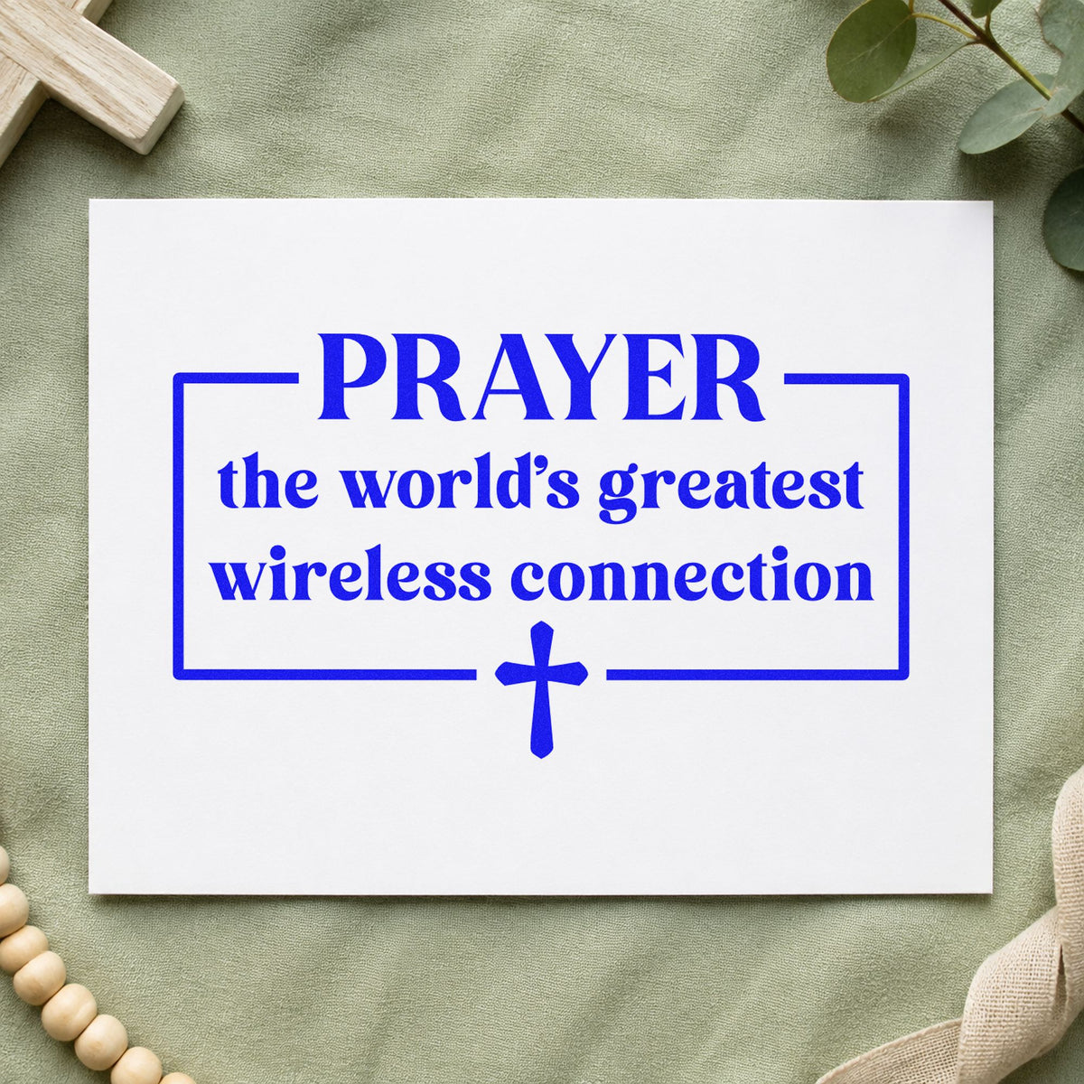 Prayer Wireless Connection craft stamp imprinted in blue ink on paper, a design suited to phone case crafts.