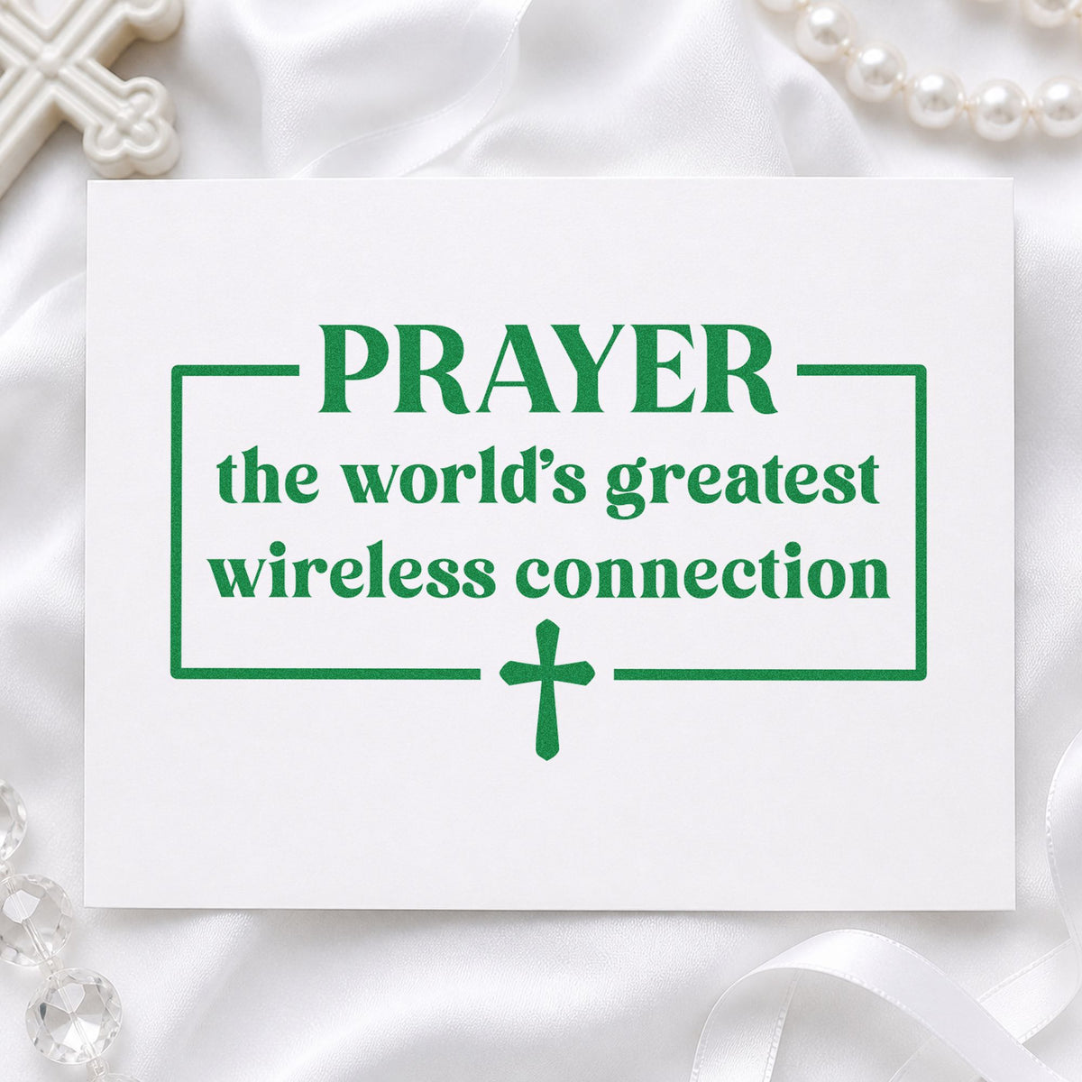 Prayer Wireless Connection craft stamp imprint in green ink on a handmade project, one idea being office desk notes.