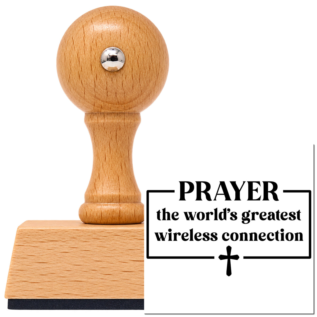 Vintage Pro beech wood stamp with a round knob handle, shown with its black Prayer Wireless Connection imprint on white.