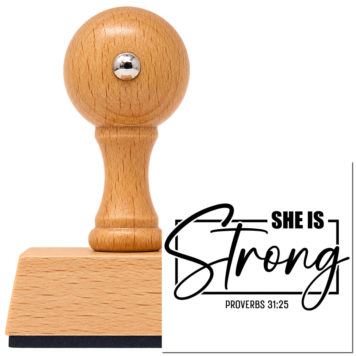 Vintage Pro beech wood stamp with a round knob handle, shown with its black She Is Strong Script Frame imprint on white.