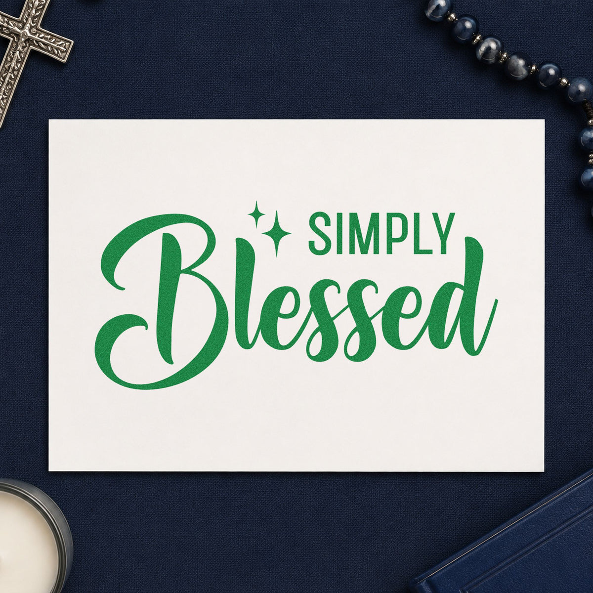 Simply Blessed craft stamp imprint in green ink on a handmade project, one idea being housewarming gifts.