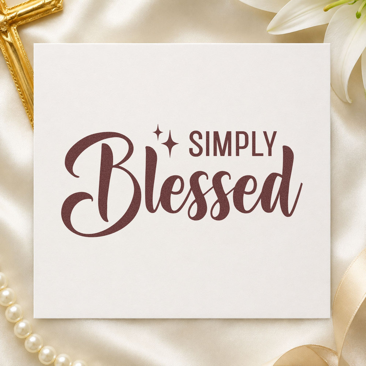 Simply Blessed rubber stamp printed in brown ink, ready for grateful scrapbooks and similar paper crafts.