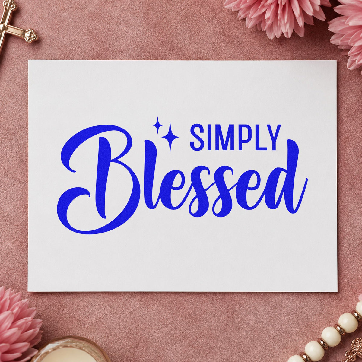Simply Blessed craft stamp in blue ink on cardstock, an easy option for canvas totes.