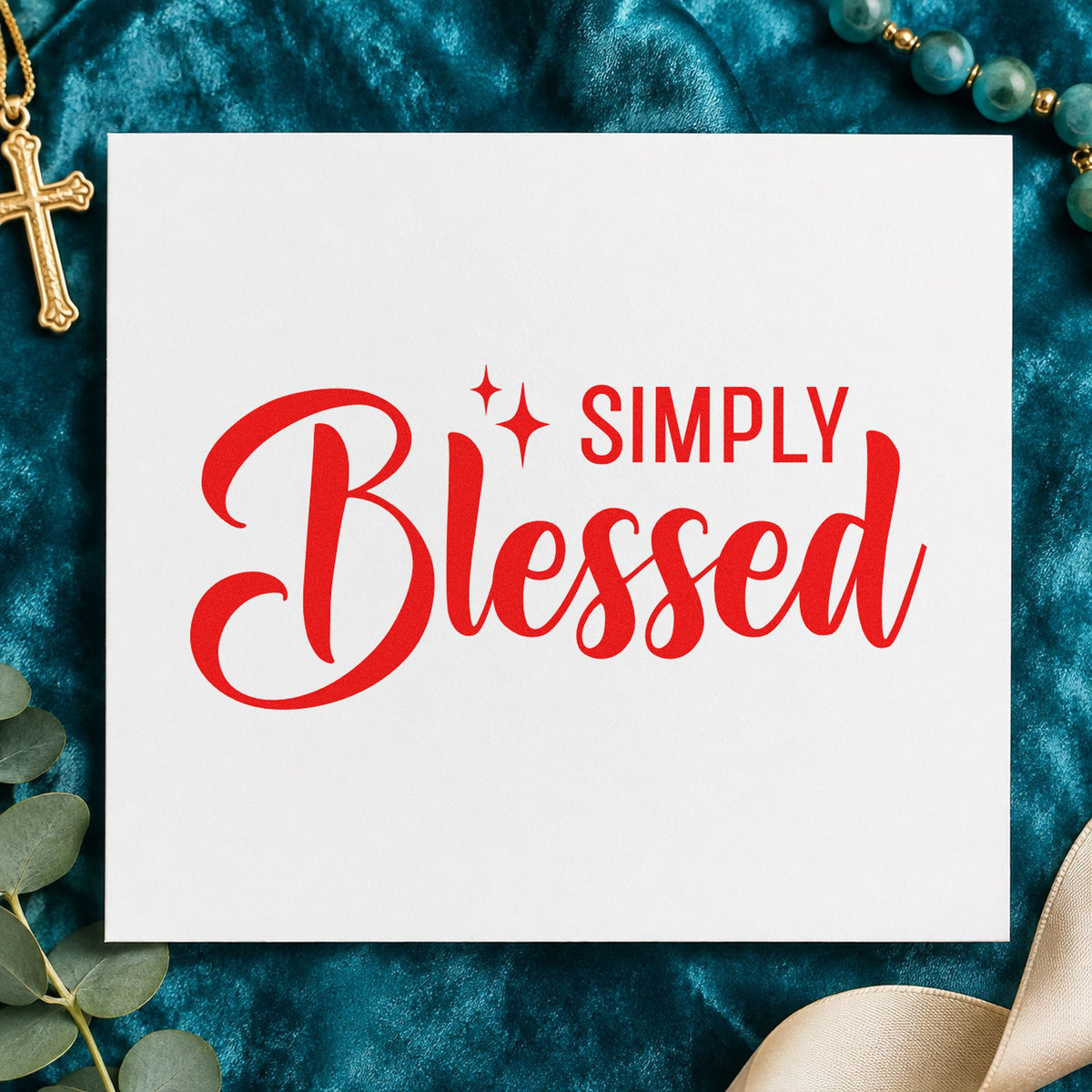 Simply Blessed rubber stamp shown in red ink, stamped for projects such as farmhouse wall art.