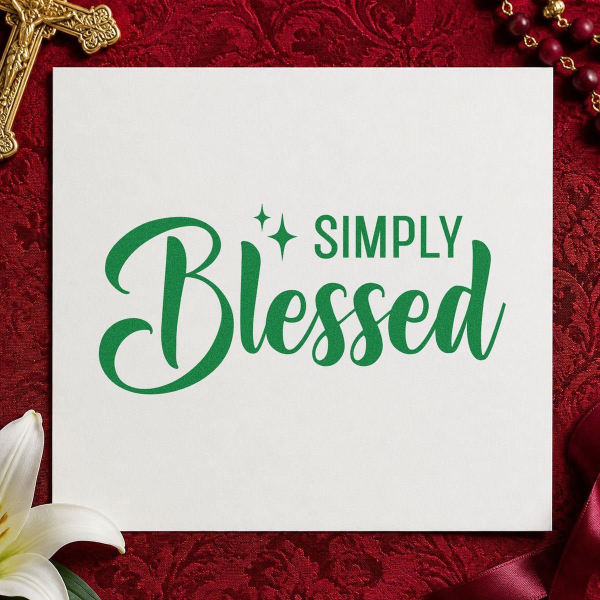 Simply Blessed craft stamp imprint in green ink on a handmade project, one idea being mug wrap crafts.