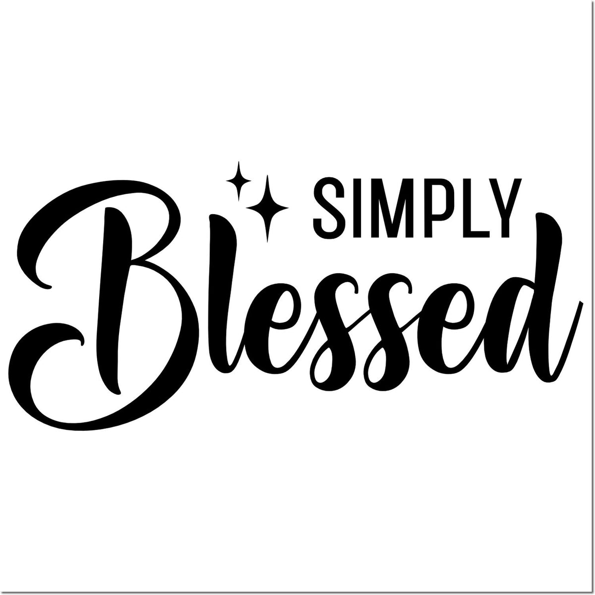 Black Simply Blessed stamp and seal design with sparkles, bold script lettering on a white background.