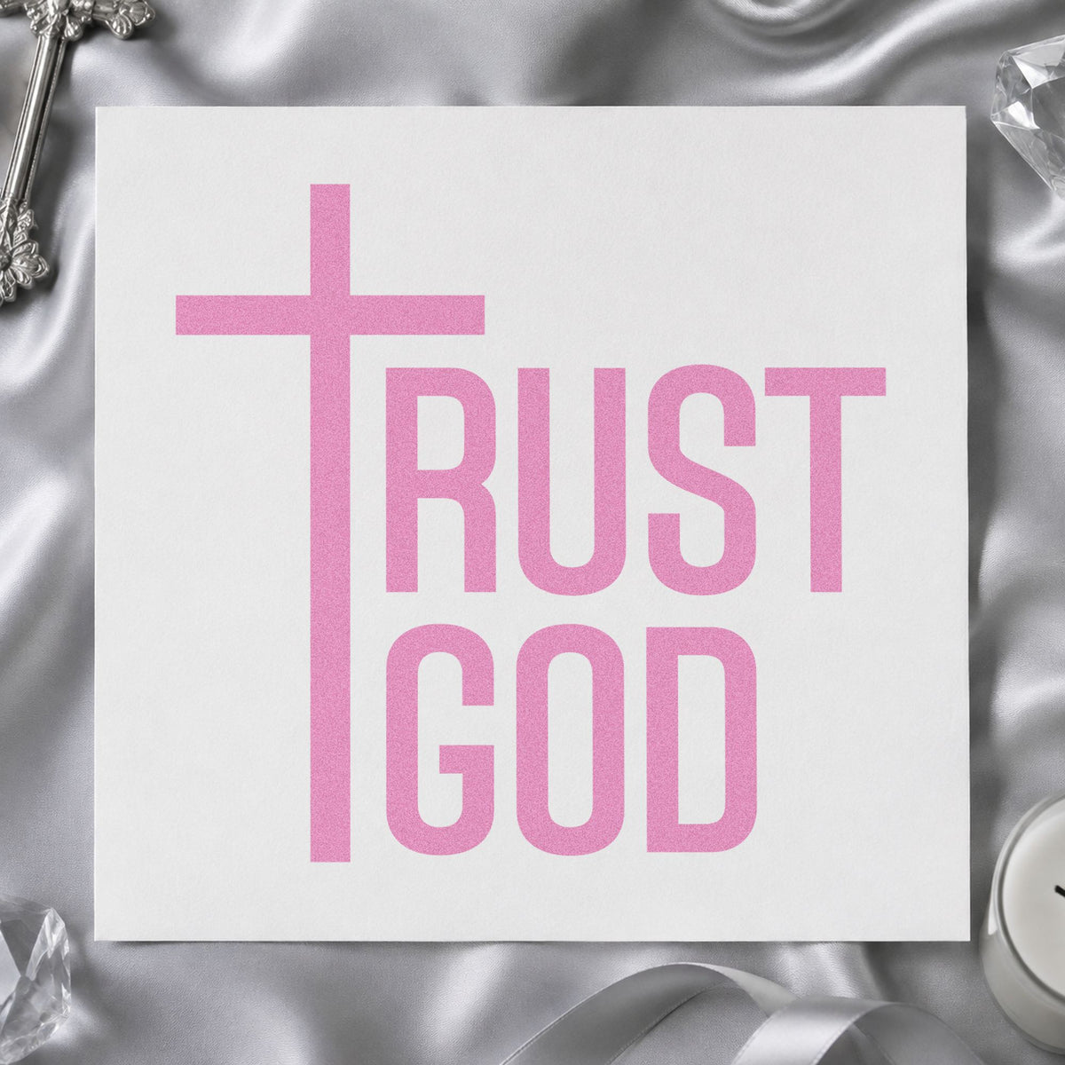 Trust God Cross craft stamp in purple ink on cardstock, an easy option for graduation gifts.