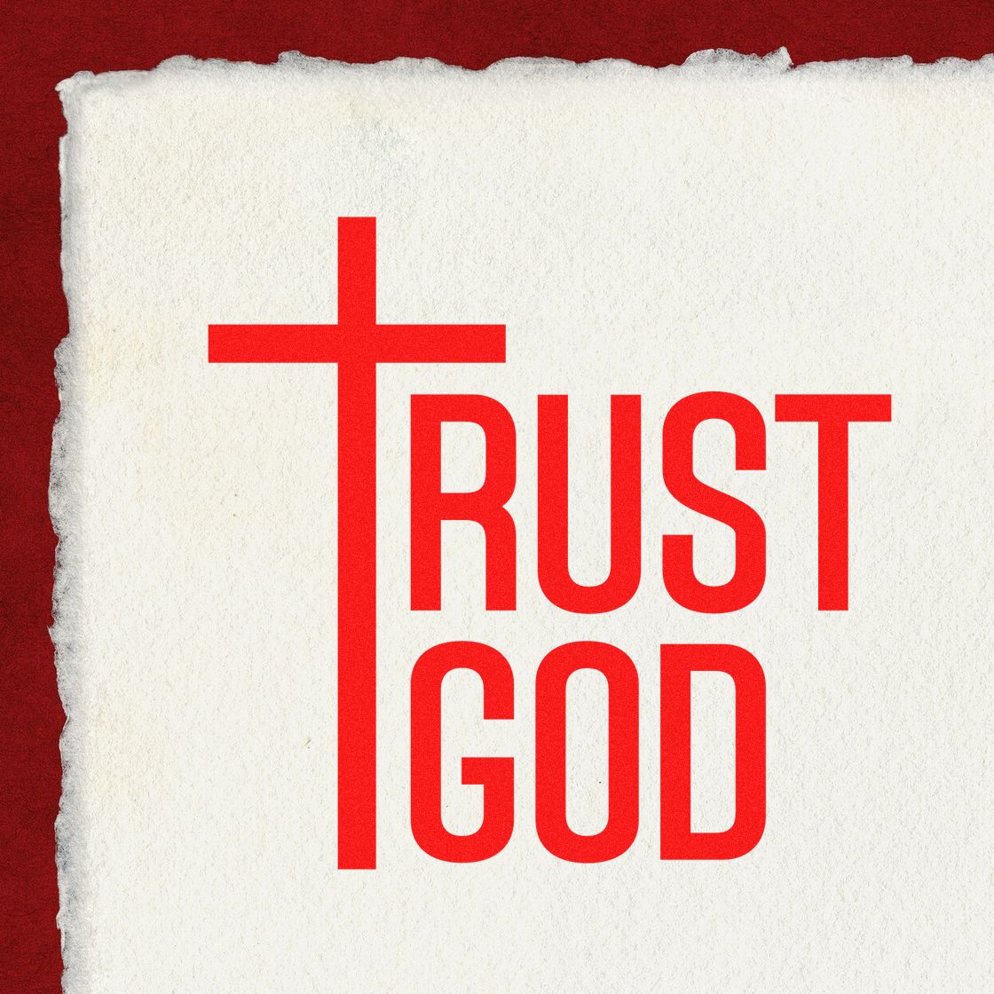 Red TRUST GOD stamp seal with cross on textured white paper and deep red border.