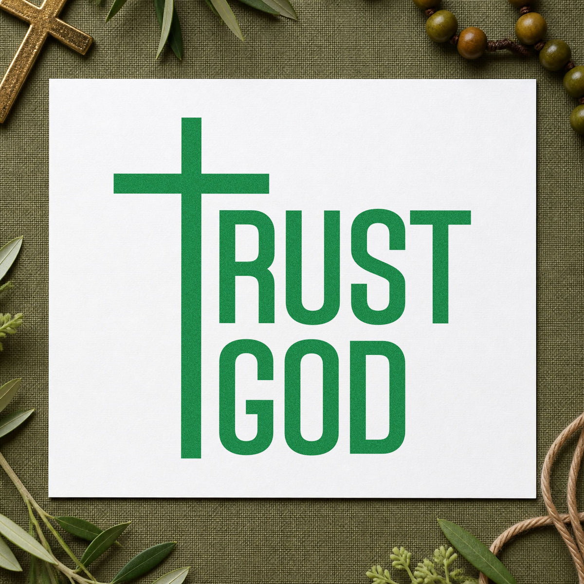 Trust God Cross craft stamp imprint in green ink on a handmade project, one idea being military deployment notes.