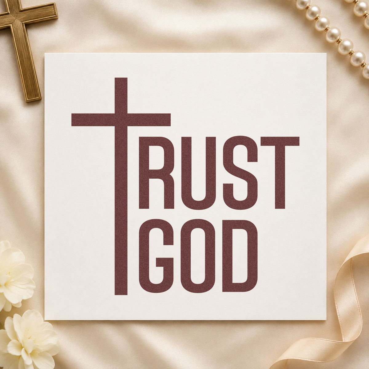 Trust God Cross rubber stamp printed in brown ink, ready for big decision pages and similar paper crafts.
