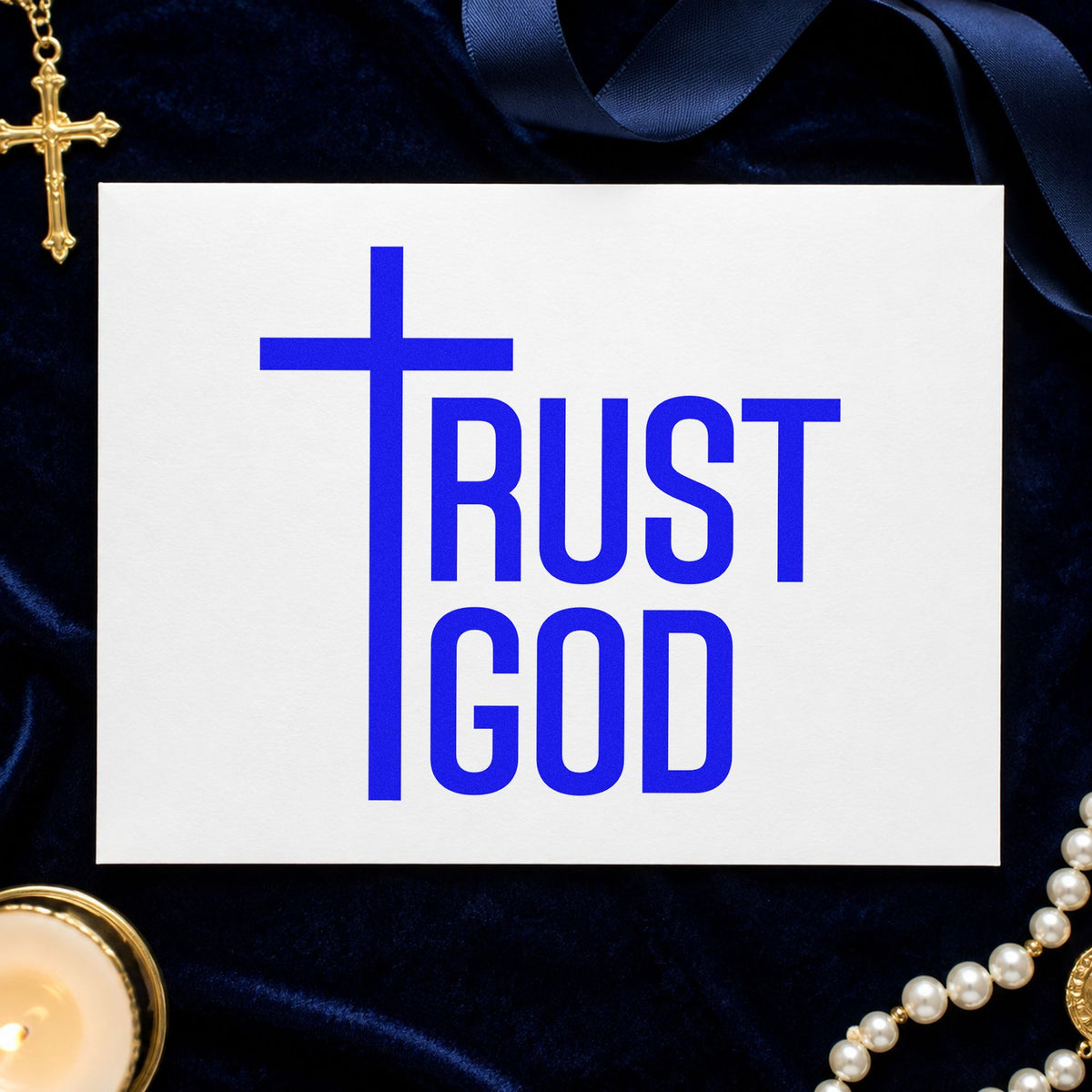 Trust God Cross craft stamp imprinted in blue ink on paper, a design suited to door frame signs.