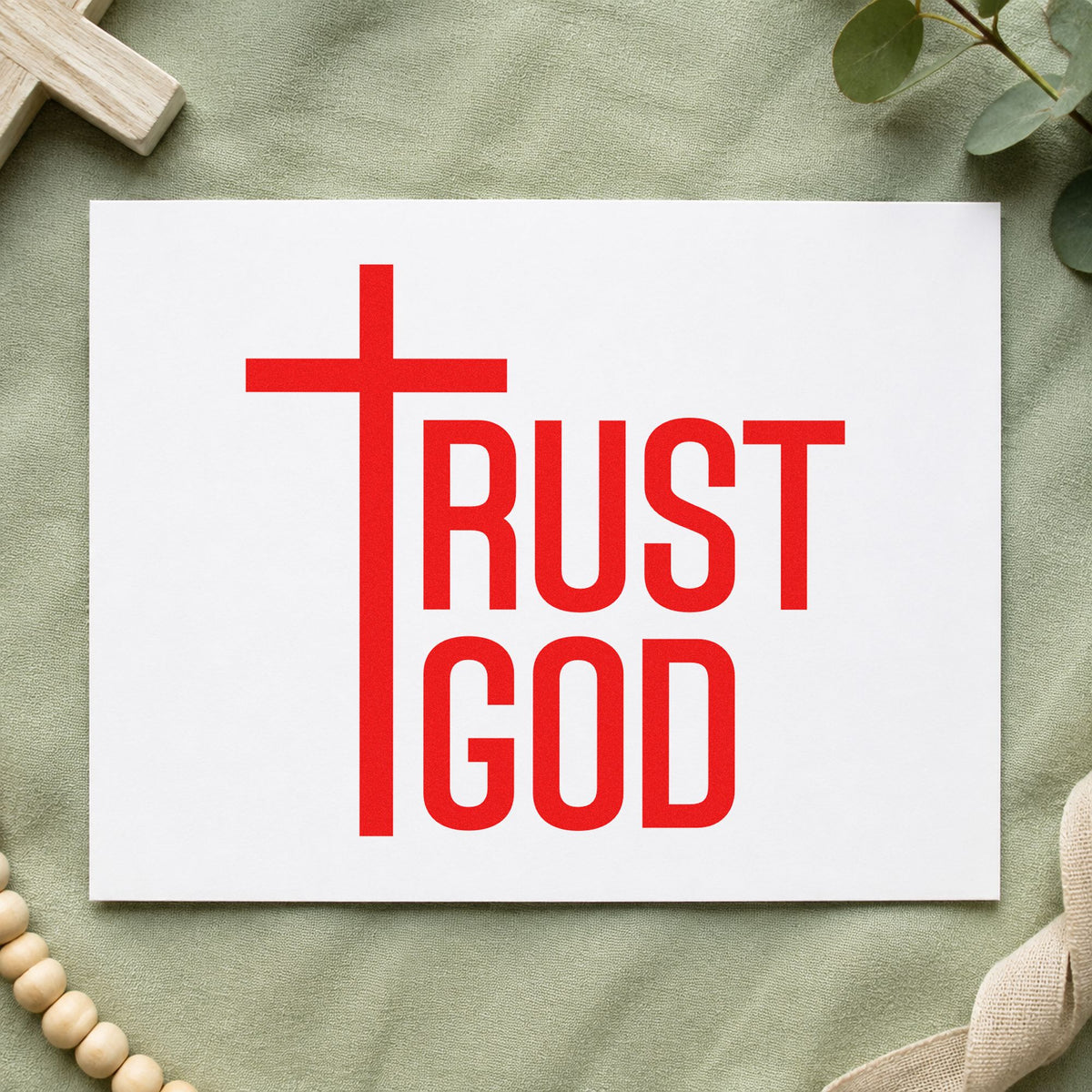 Trust God Cross rubber stamp shown in red ink, stamped for projects such as journal cover stamping.